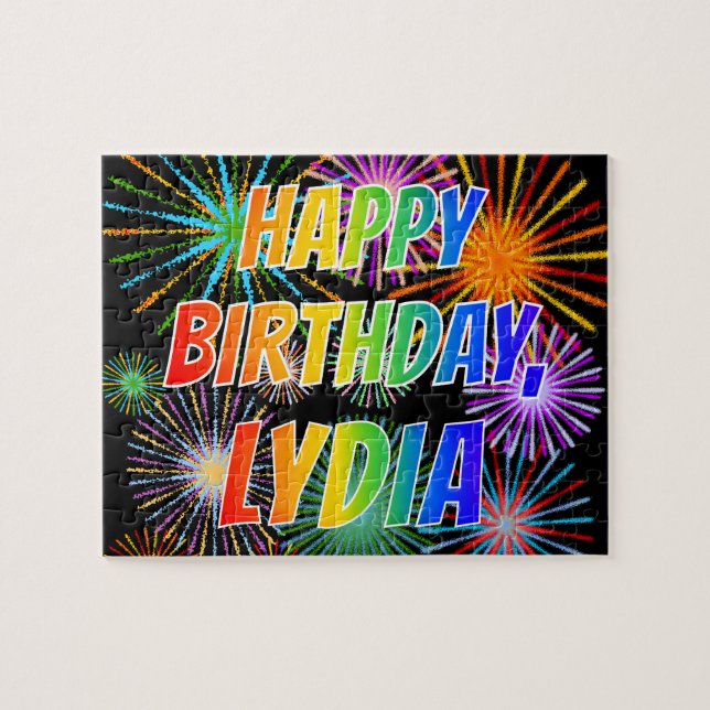 Quebra-cabeça Nome "LYDIA", Diversão "FELIZ ANIVERSÁRIO" (Horizontal)