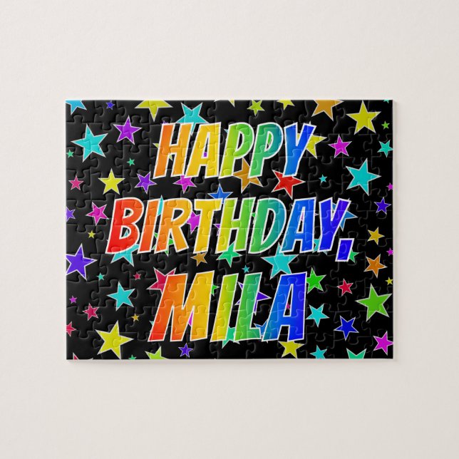 Quebra-cabeça Nome "MILA", Diversão "FELIZ ANIVERSÁRIO" (Horizontal)