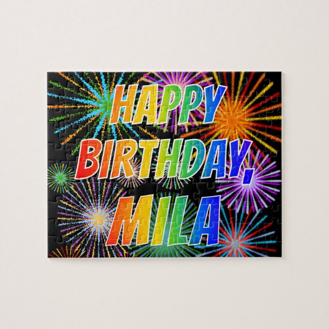 Quebra-cabeça Nome "MILA", Diversão "FELIZ ANIVERSÁRIO" (Horizontal)