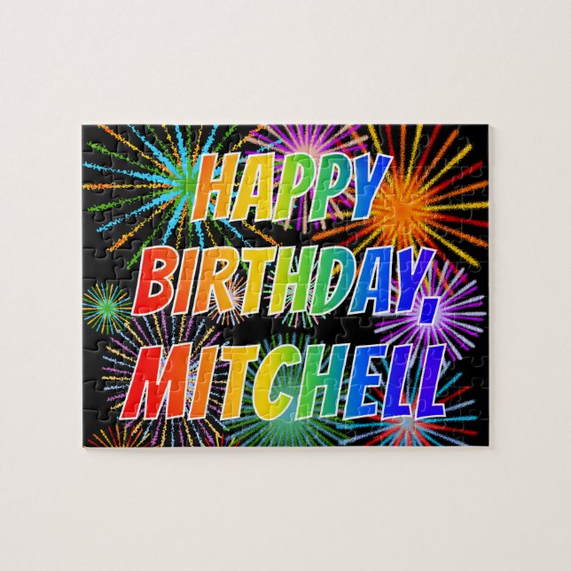 Quebra-cabeça Nome "MITCHELL", Diversão "FELIZ ANIVERSÁRIO" (Horizontal)