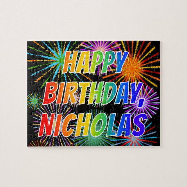 Quebra-cabeça Nome "NICHOLAS", Diversão "FELIZ ANIVERSÁRIO" (Horizontal)
