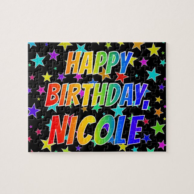Quebra-cabeça Nome "NICOLE", Diversão "FELIZ ANIVERSÁRIO" (Horizontal)