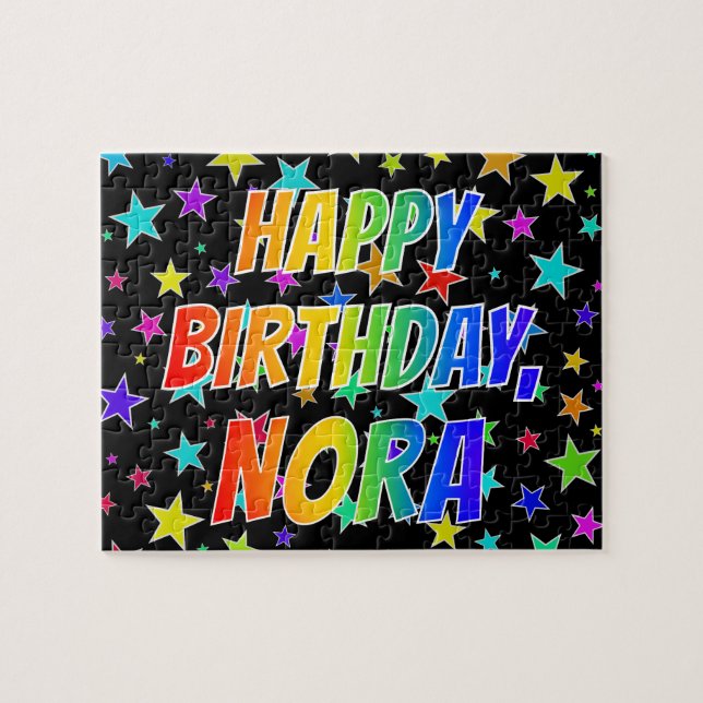 Quebra-cabeça Nome "NORA", Diversão "FELIZ ANIVERSÁRIO" (Horizontal)