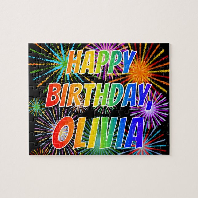 Quebra-cabeça Nome "OLÍVIA", Diversão "FELIZ ANIVERSÁRIO" (Horizontal)