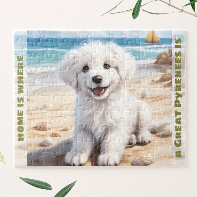 Quebra-cabeça Nome Personalizado da Cão Excelente Pirenéus Branc (Cute Dog Great Pyrenees White Puppy Custom Name Jigsaw Puzzle)