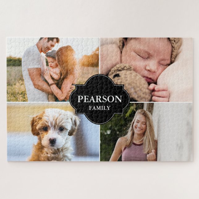 Quebra-cabeça Nome Personalizado da Família e 4 Fotos (Horizontal)