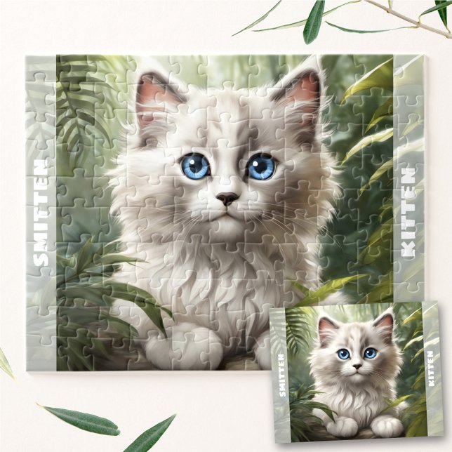 Quebra-cabeça Nome Personalizado da Usina Selvagem de Gato Gato- (Cute Kitten Ragdoll Cat Jungle Plant Custom Name Jigsaw Puzzle)