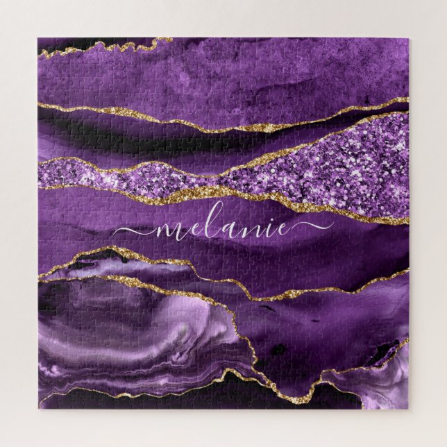 Quebra-cabeça Nome Personalizado de Geodo Glitter Dourado Violet (Vertical)