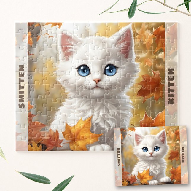 Quebra-cabeça Nome Personalizado de Outono de Gatinho Branco Cuj (Cute White Cat Kitten Fall Autumn Custom Name Jigsaw Puzzle)