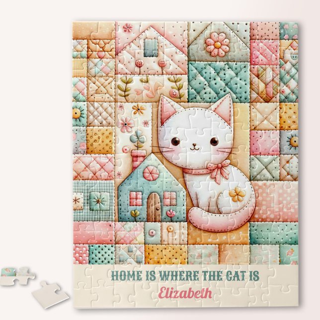 Quebra-cabeça Nome Personalizado de Pastel de Colagem de Coleta  (Cute Cat House Quilt Patchwork Pastel Custom Name Jigsaw Puzzle)