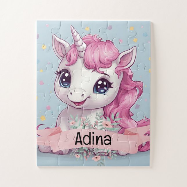 Quebra-cabeça Nome Personalizado do Baby Unicorn Stars Rosa Mági (Vertical)