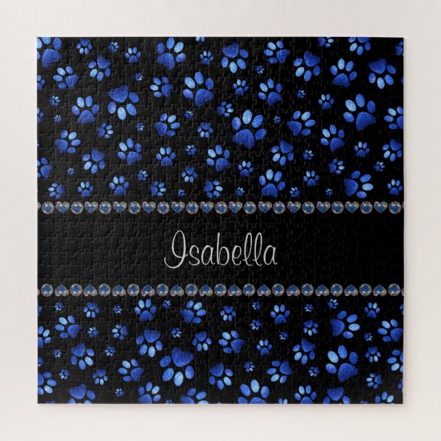 Quebra-cabeça Nome personalizado, patas de cão com brilho azul (Vertical)