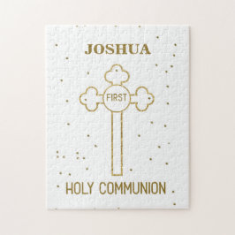 Quebra-cabeça Nome Personalizado Primeira Comunhão Dourada Cruz
