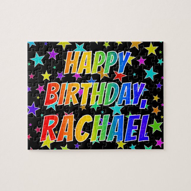 Quebra-cabeça Nome "RACHAEL", Diversão "FELIZ ANIVERSÁRIO" (Horizontal)