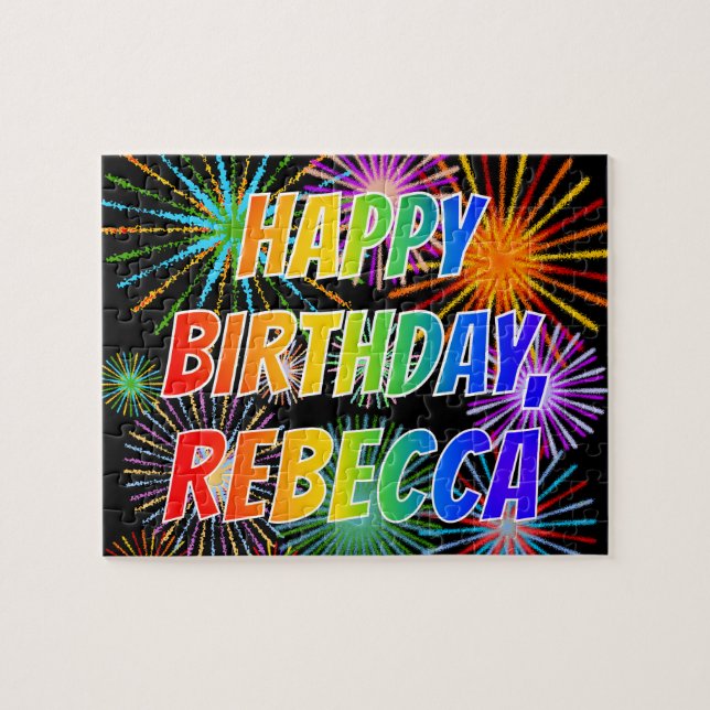 Quebra-cabeça Nome "REBECCA", Diversão "FELIZ ANIVERSÁRIO" (Horizontal)