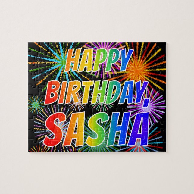 Quebra-cabeça Nome "SASHA", Diversão "FELIZ ANIVERSÁRIO" (Horizontal)
