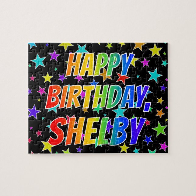 Quebra-cabeça Nome "SHELBY", Diversão "FELIZ ANIVERSÁRIO" (Horizontal)