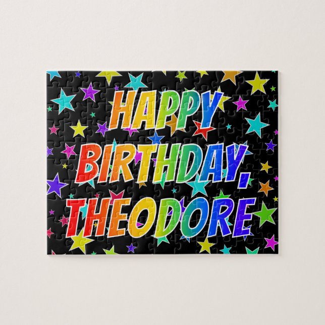 Quebra-cabeça Nome "THEODORE", Diversão "FELIZ ANIVERSÁRIO" (Horizontal)