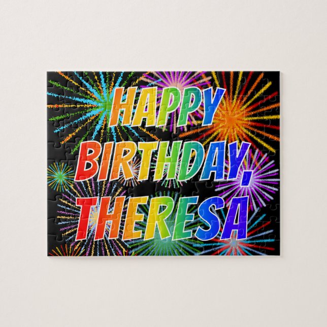 Quebra-cabeça Nome "THERESA", Diversão "FELIZ ANIVERSÁRIO" (Horizontal)