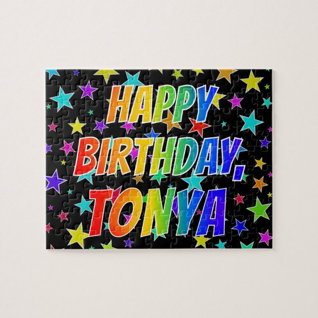 Quebra-cabeça Nome "TONYA", Diversão "FELIZ ANIVERSÁRIO" (Horizontal)