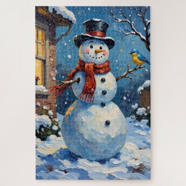 Quebra-cabeça Nostalgic Happy Snowman with Bluebird Winter Scene (Vertical)