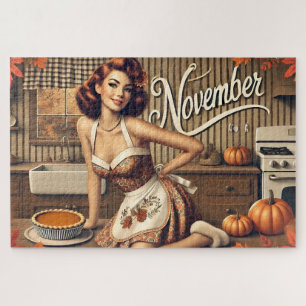 Quebra-cabeça Novembro Retro Pin-Up Girl Pumpkin