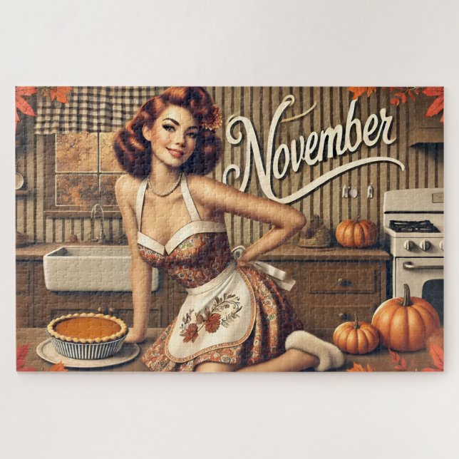 Quebra-cabeça Novembro Retro Pin-Up Girl Pumpkin (Horizontal)