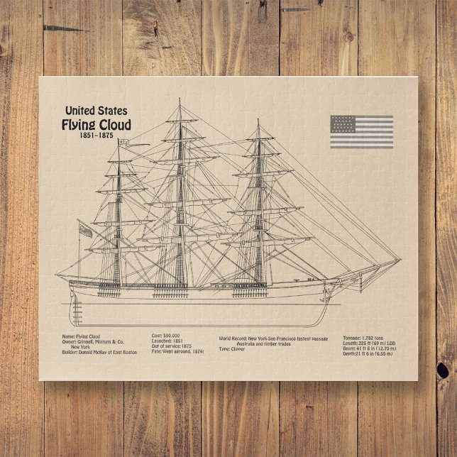 Quebra-cabeça Nuvem de Voo de Entrega do Clipper - Esquema de En (Clipper Ship Flying Cloud - Ship Blueprint SD. Jigsaw Puzzle)