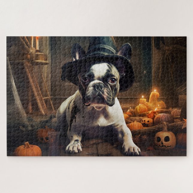 Quebra-cabeça O Bulldog Francês Pumpkins Halloween Assustado (Horizontal)