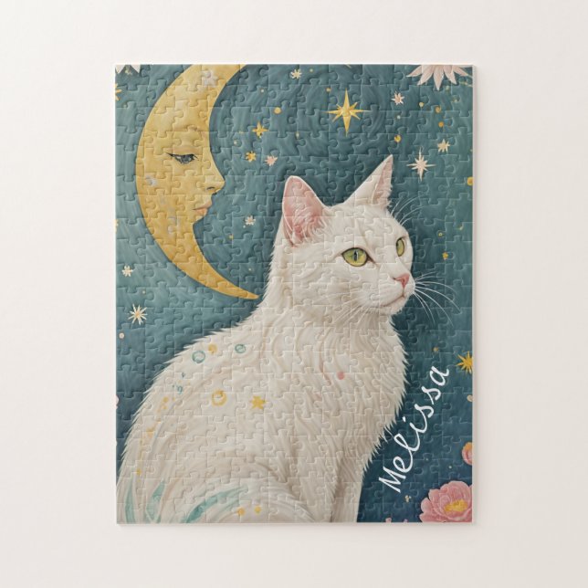 Quebra-cabeça O Gato Branco Encantador com Olhos Verdes (Vertical)