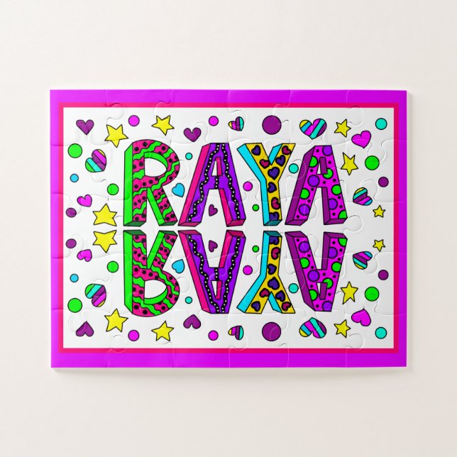 Quebra-cabeça O nome da moça Raya, Roxo e Estrelas Rosa Corações (Horizontal)