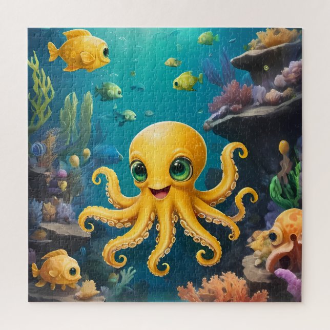 Quebra-cabeça Octopus Amarelo-Fofo-Fofo Sorrindo Sob O Mar (Vertical)