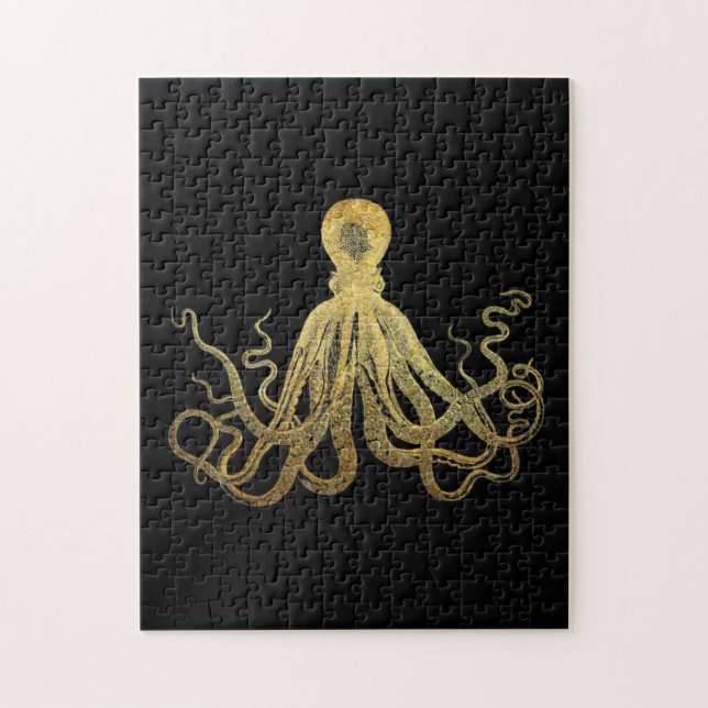 Quebra-cabeça Octopus Dourado de Tinta Preta  Costeira Náutica (Vertical)