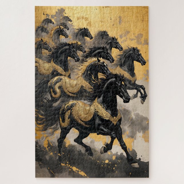 Quebra-cabeça Oito Cavalos Majestosos - Estilo de Tinta Chinesa (Vertical)