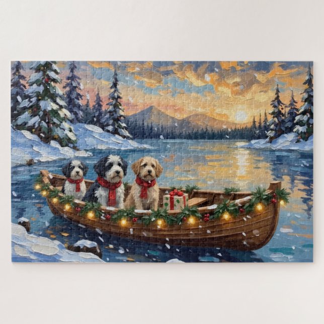 Quebra-cabeça Old English Sheepdog Christmas Boat Holiday (Horizontal)