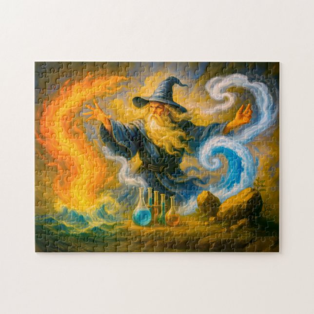 Quebra-cabeça Old mage mastering the four elements in oil (Horizontal)