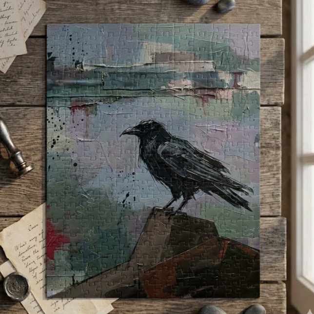 Quebra-cabeça Óleo Pintado Corvo – Corvídeo Sombrio Gótico (Moody gothic raven oil painting jigsaw puzzle)