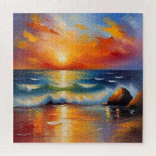 Quebra-cabeça Óleo Pintura do pôr do sol laranja sobre o oceano
