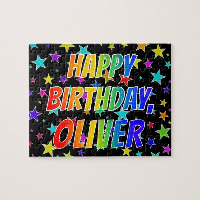 Quebra-cabeça "OLIVER" Primeiro Nome, Diversão "FELIZ ANIVERSÁRI (Horizontal)