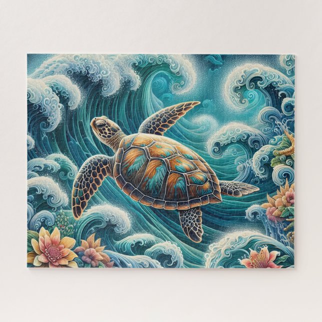 Quebra-cabeça Onda do Oceano Azul com Tartaruga (Horizontal)