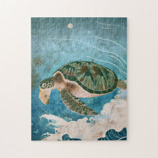 Quebra-cabeça Ondas ao Luar - Tartaruga Marinha, Arte Japonesa