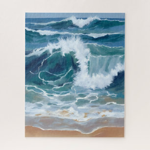 Quebra-cabeça Ondas do Oceano em Fúria Aquarela Azul Costeira