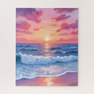 Quebra-cabeça Ondas do Oceano Rosa Pôr do Sol Aquarela