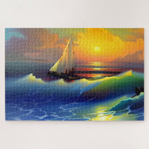 Quebra-cabeça Ondas oceânicas, veleiro e reflexo solar