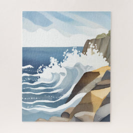 Quebra-cabeça Ondas Quebrando | Aquarela Costa Rochosa