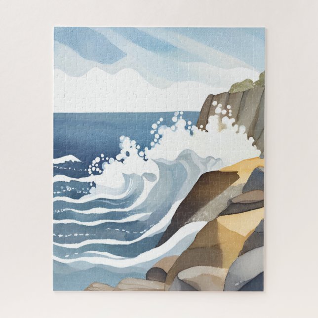 Quebra-cabeça Ondas Quebrando | Aquarela Costa Rochosa (Vertical)