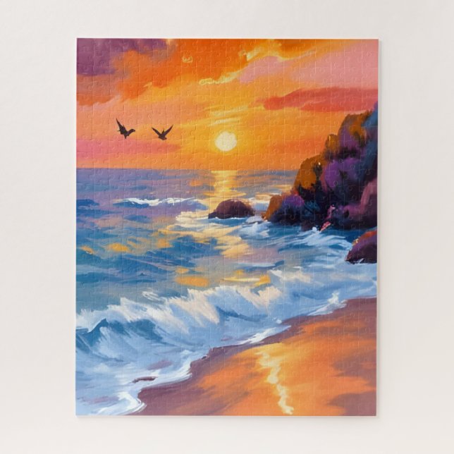Quebra-cabeça Orange Beach Sunset | Coastal Painting (Vertical)