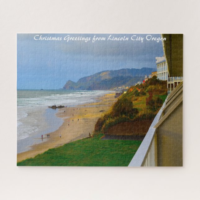 Quebra-cabeça Oregon da cidade de Lincoln. Cartões de natal (Horizontal)