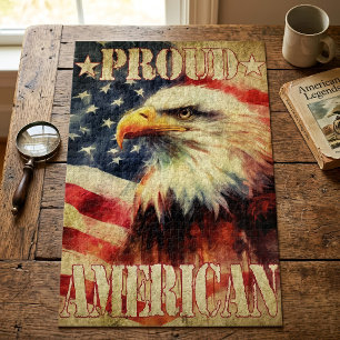 Quebra-cabeça Orgulhoso americano. Bald Eagle e Bandeira dos Est