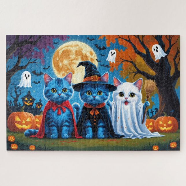 Quebra-cabeça Oriental Blue Cats Pumpkin Halloween Engraçado (Horizontal)